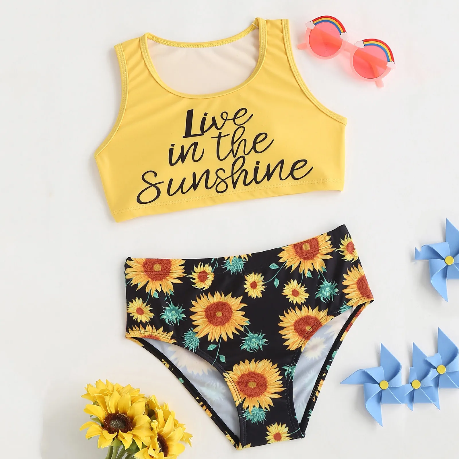 

Kids Baby Girls Swimwear Tankini Sets Crop Top+Panties Sets Two Piece Swimsuit Sunflower & Letter Graphic Bikini Sets 7-14Y