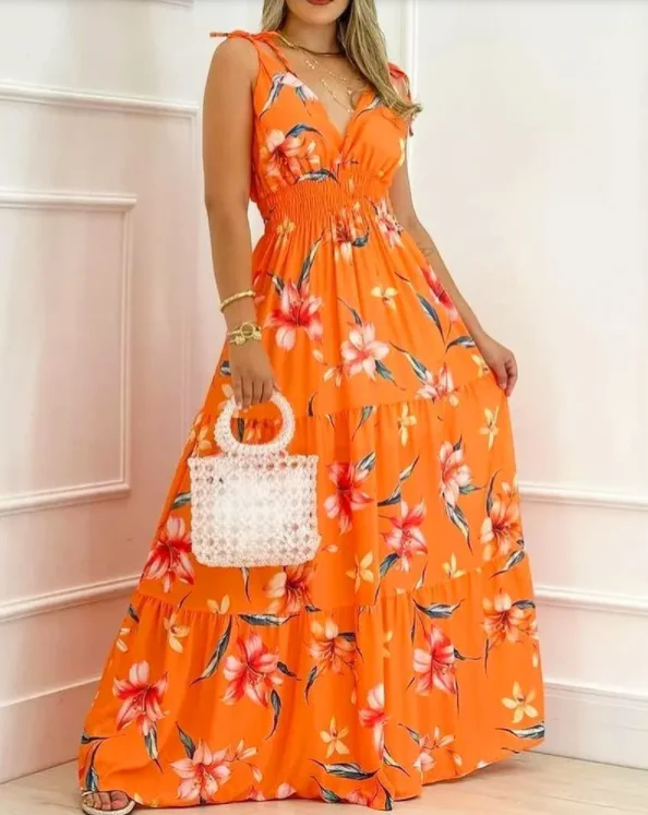 

Parallel Crepe Seam Waist Women's Dress Long Floral Print Lace Up Details Long Dress Sexy Suspender Skirt Summer