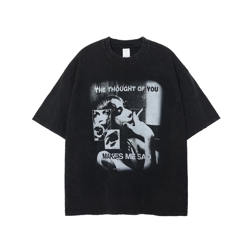 

Vintage Women T-Shirts Punk Hip Hop Gothic Smoking Girl Print Streetwear Dark Retro Washed Black Tshirt Short Sleeve Cotton Tees
