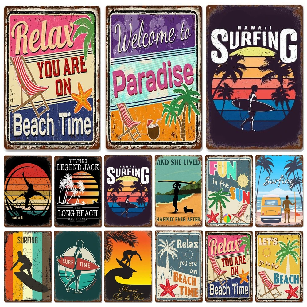 Винтажное пляжное время металлическая жестяная вывеска для летней вечеринки тарелки для отдыха серфинга металлическая настенная вывеска для паба вывеска счастливое место декоратор WY240