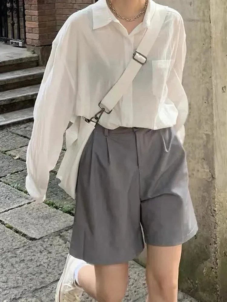 

HOUZHOU Summer Gray Shorts Women Button Korean Style Oversize Black Wide Leg Casual High Waist Pants Harajuku Streetwear Fashion
