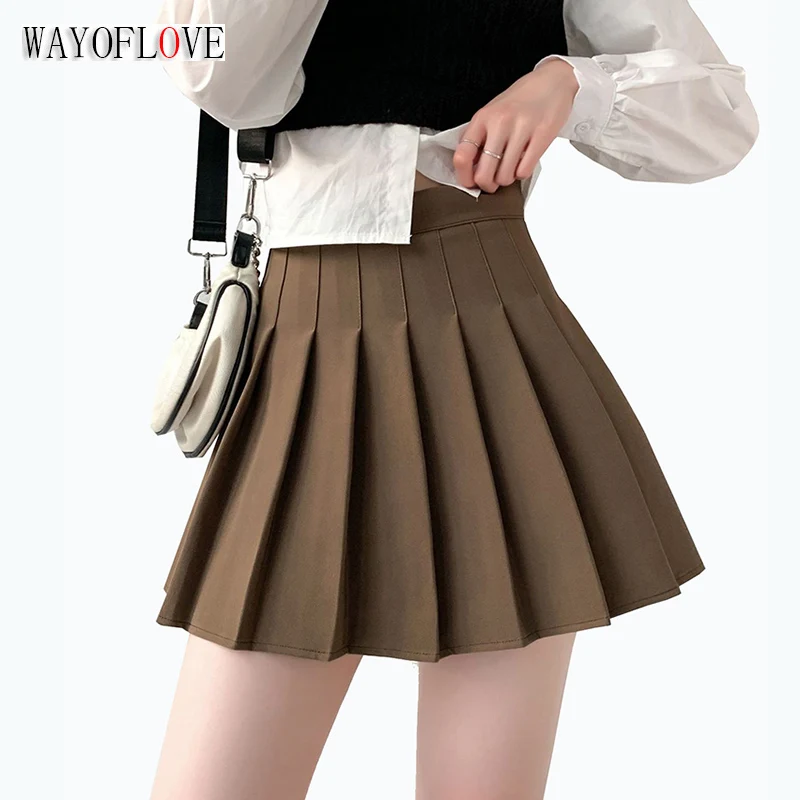 

WAYOFLOVE All Season Pleated Skirts For Women High Waist Solid A-line Sexy Mini Skirt For Girls School Y2K Kawaii Pleated Skirts