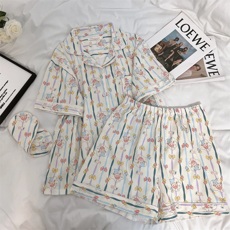 

Пижама женская из чистого хлопка, домашняя одежда с милым мультяшным принтом, Свободный Топ с коротким рукавом и шорты, костюм для отдыха, лето