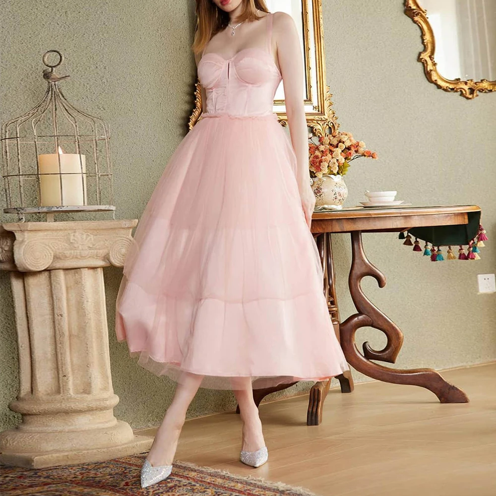 

Evening Dresses Sexy Backless Sweetheart Elegant A-line Tulle Illusion Prom Gown Sleeveless Tea-Length Vestido De Novia