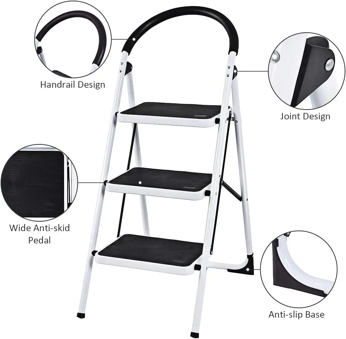

3-Step Folding Step Stool Ladder, Sturdy Steel Ladder with Wide Pedal, 330 lbs Capacity, White+Black