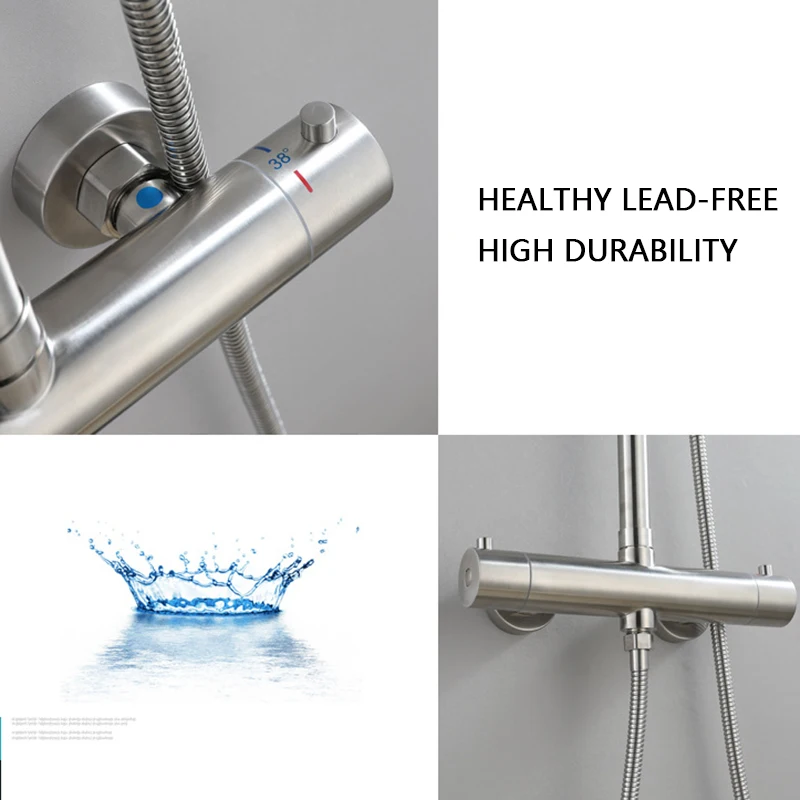 Bathroom Thermostatic Shower Set Wall-Mounted Black Constant Temperature Control Bath Faucet System Brass |