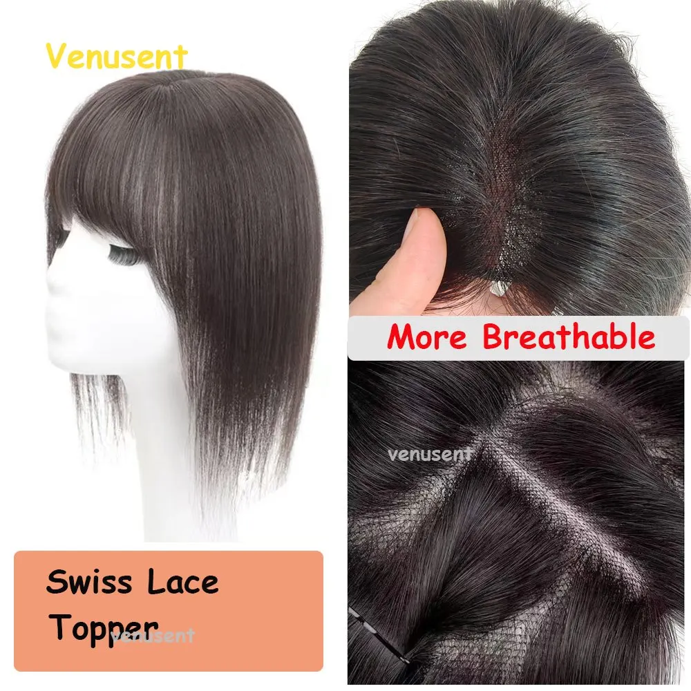 Air Bangs Hairpieces 9x14CM Hand-tied Clip in Full Lace Human Hair Topper Soft Swiss Lace Base Breathable Hair Toupee For Summer