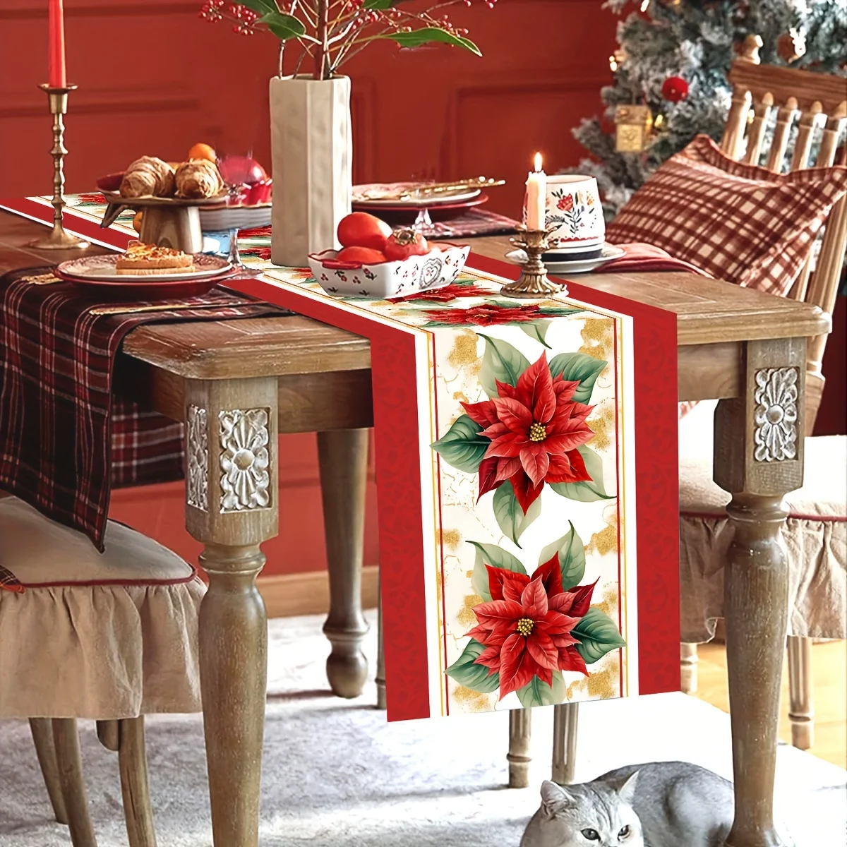 Рождественские цветы пуансеттии льняная дорожка для стола комод шарф