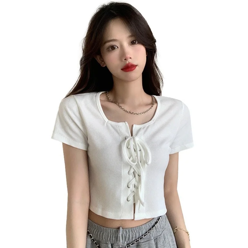 

Summer Women Solid Short Sleeves O-Neck Crop Tops Tiny Girls Long String Cross Bandage Tshirt Slim Streetwear Fashion T-shirts