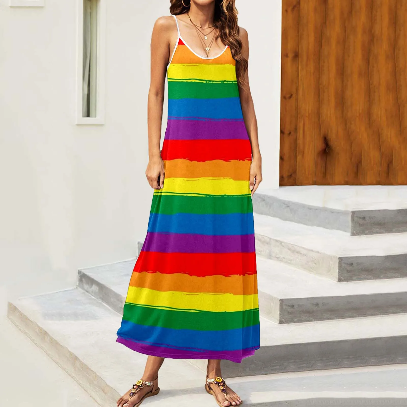 

Элегантные платья для женщин, Макси-платья с радужными полосками и V-образным вырезом, летние платья на бретелях-спагетти в стиле Харадзюку ...