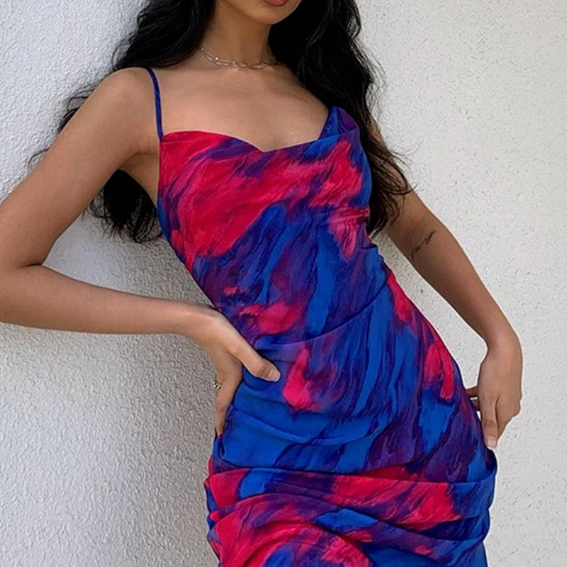 

Tie Dye Beach Style Dress for Women Vestidos Spaghetti Belt Sexy Backless Party Nightclub Ladies Dress Clothing Women Spring