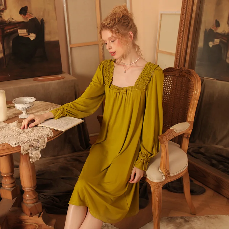 Women's Retro Square Neck Cute Bow Soft Comfortable Modal Nightgowns Sleepshirts Sleepwear