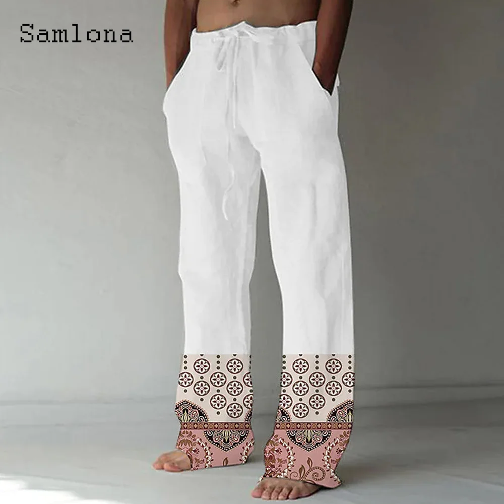 

Samlona 2022 Men's Casual Pocket Drawstring Linen Pants Straight Leg Trousers Plus Size Mens Halloween Skull Print Sweatpants
