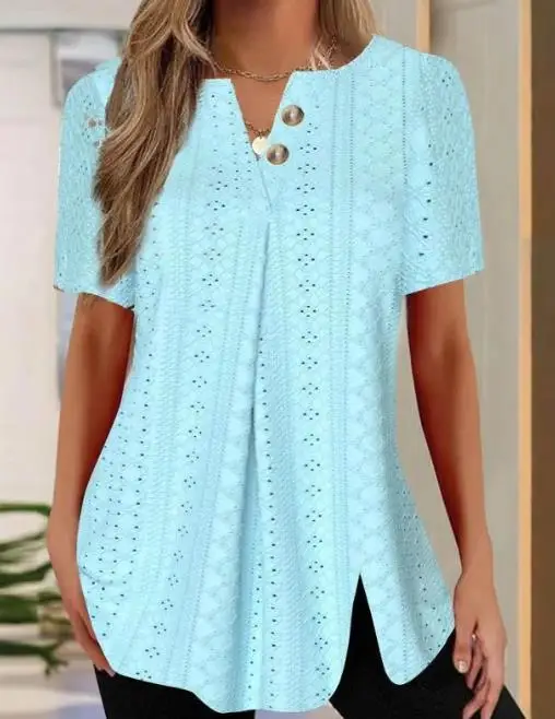 

Elegant Commuter Solid Round Neck Pullover with Hollow Out Splice Short Sleeve Fashion Women Blouse 2023 Summer New Casual