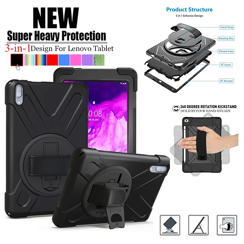 

For Lenovo Tab P11 TB-J606F/P11 Pro TB-J706F M10 HD M10 FHD Plus Rotate Anti-Fall Hand Strap Rugged Duty Shockproof tablet Case
