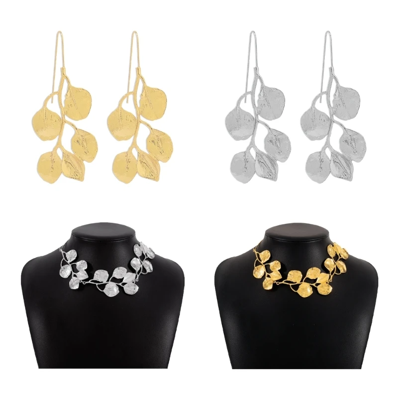 

Gold-color Metal Leaf Necklace Eaarings Women Exaggerated Vintage Leaf Banquet 264E