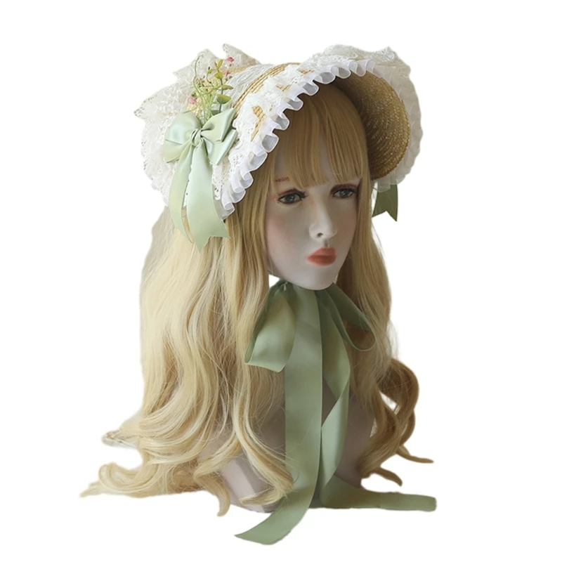 

Y166 Соломенная кепка ручной работы, летняя походная шляпа, винтажная кружевная кепка, шляпа для пикника в стиле Лолита