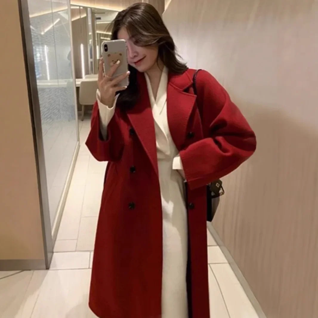 2024 новое корейское пальто из смесовой шерсти винно-красного цвета для маленького