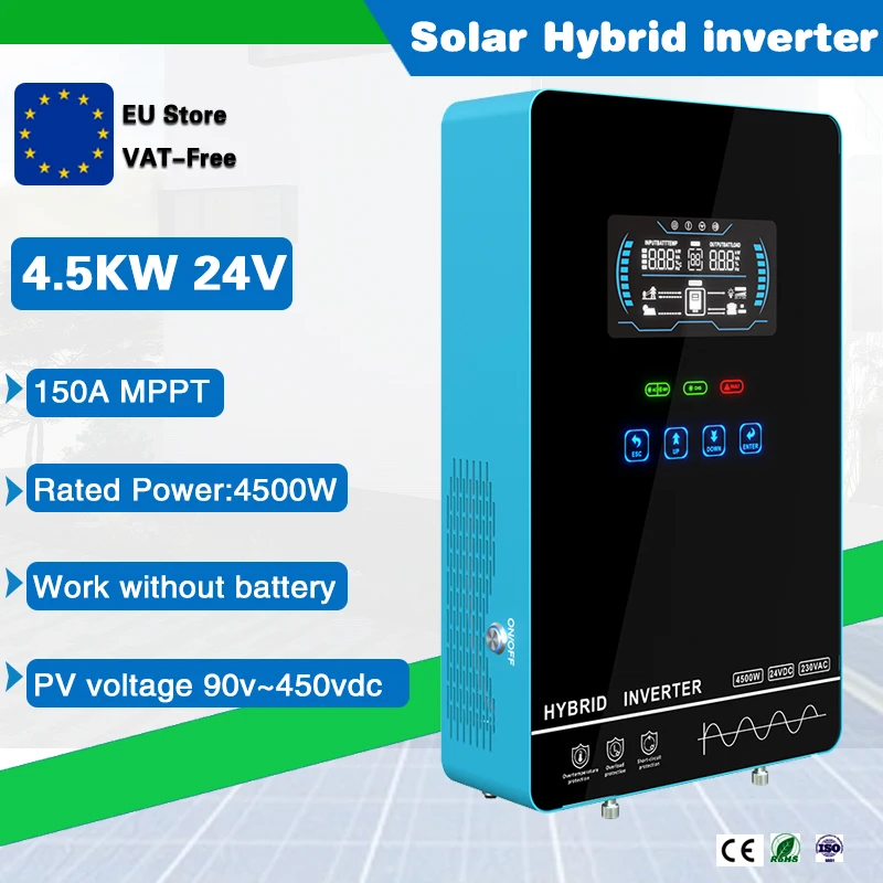 

4500W 24V To 230V Hybrid Solar Inverter Max.PV Input 450V Pure Sine Wave Built-in 150A MPPT .PV Input 450V Restore Settings