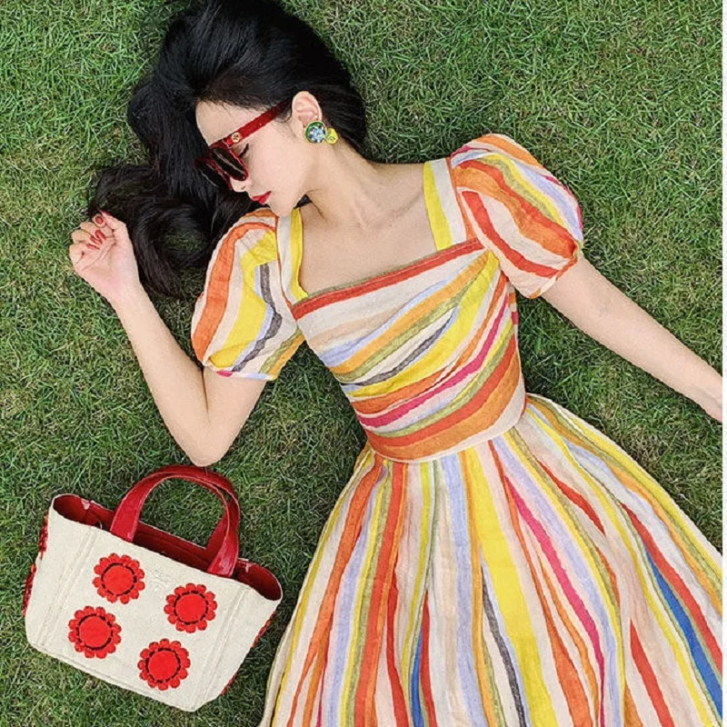 

Summer Dress Women Rainbow Striped Puff Sleeve Square Neck Waist Slim A-line Dress Elegant Medium Long Dress Sundresses
