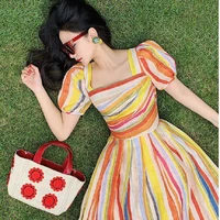 summer dress women rainbow striped puff sleeve square neck waist slim a line dress elegant medium long dress sundresses