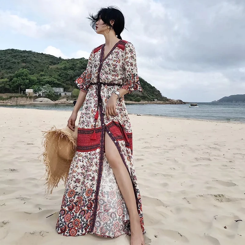 

Summer Beach Dress 2022 Women Floral Print V Collar Short Sleeve Single Breasted Long Dress Summer Holiday Vestidos Bohemian