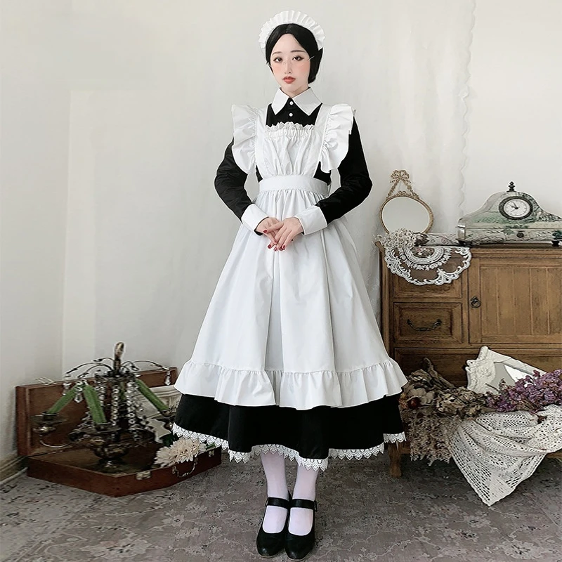 

Women Maid Outfit Lolita Dress Black and White Traditional Maid Long Skirt Maid Costume British Butler Role Cosplay Costumes