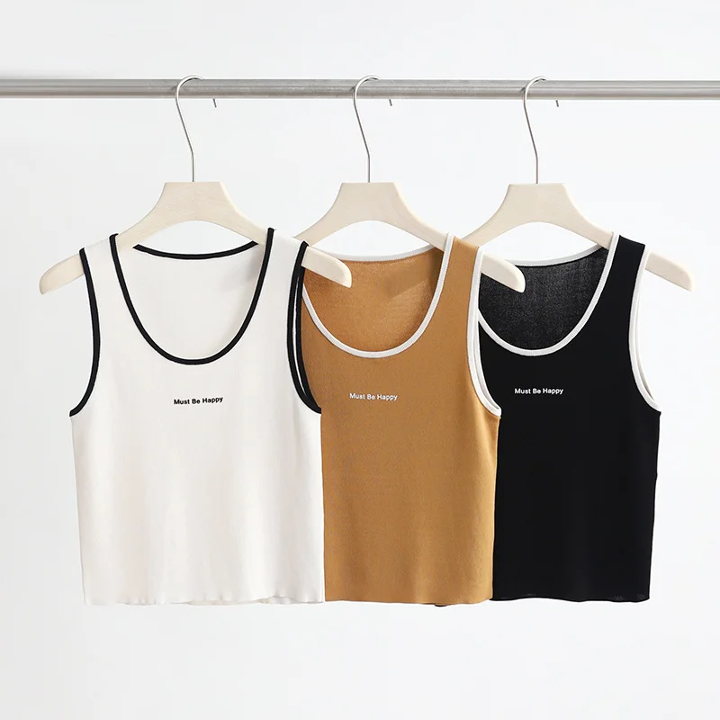 

Knitted Tanks Summer Ice Silk Women Tops Viscose Vest Sleeveless Contrast Color Round Neck Curved Beads Cool Elegant Tees Camis