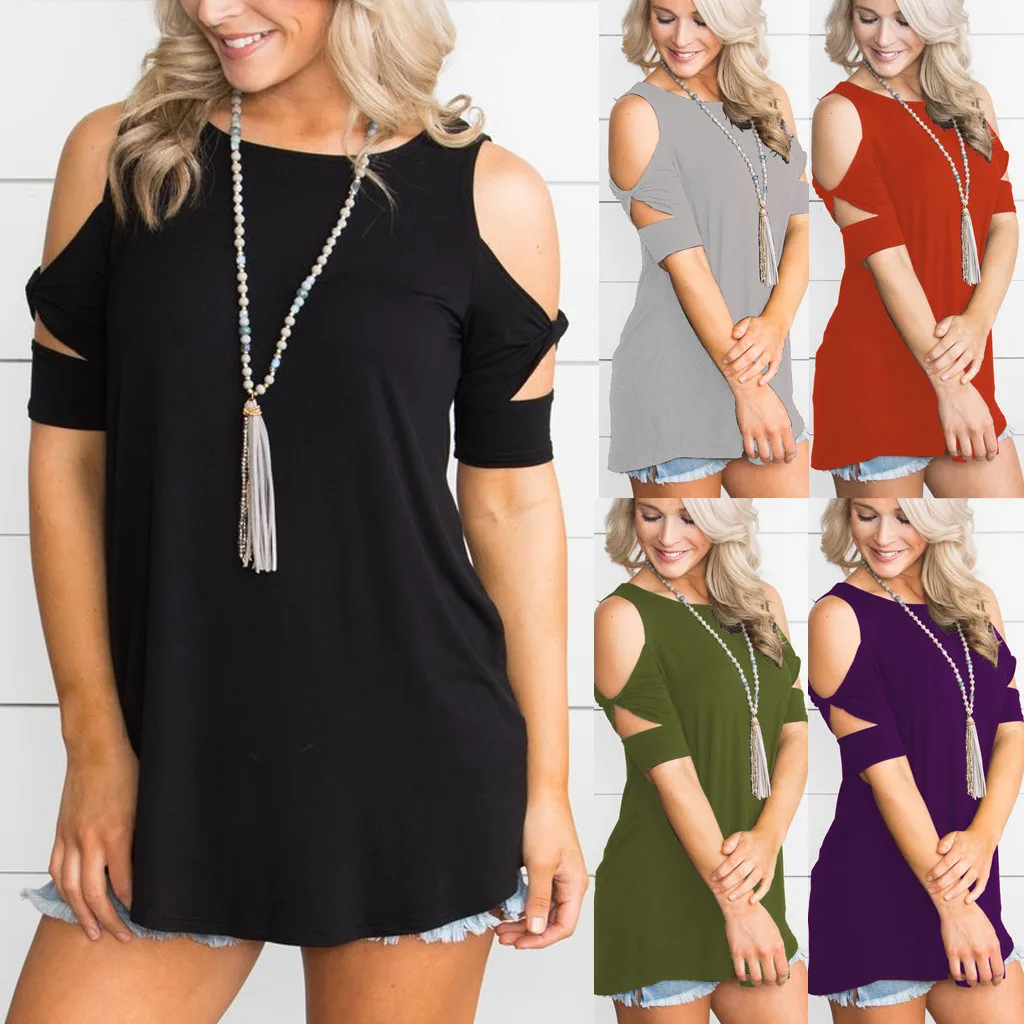 

Womens O-Neck Short Sleeve Solid Casual Loose Strapless T Shirt Tops Blouse Teen Girl Summer Workout Tops Cotton