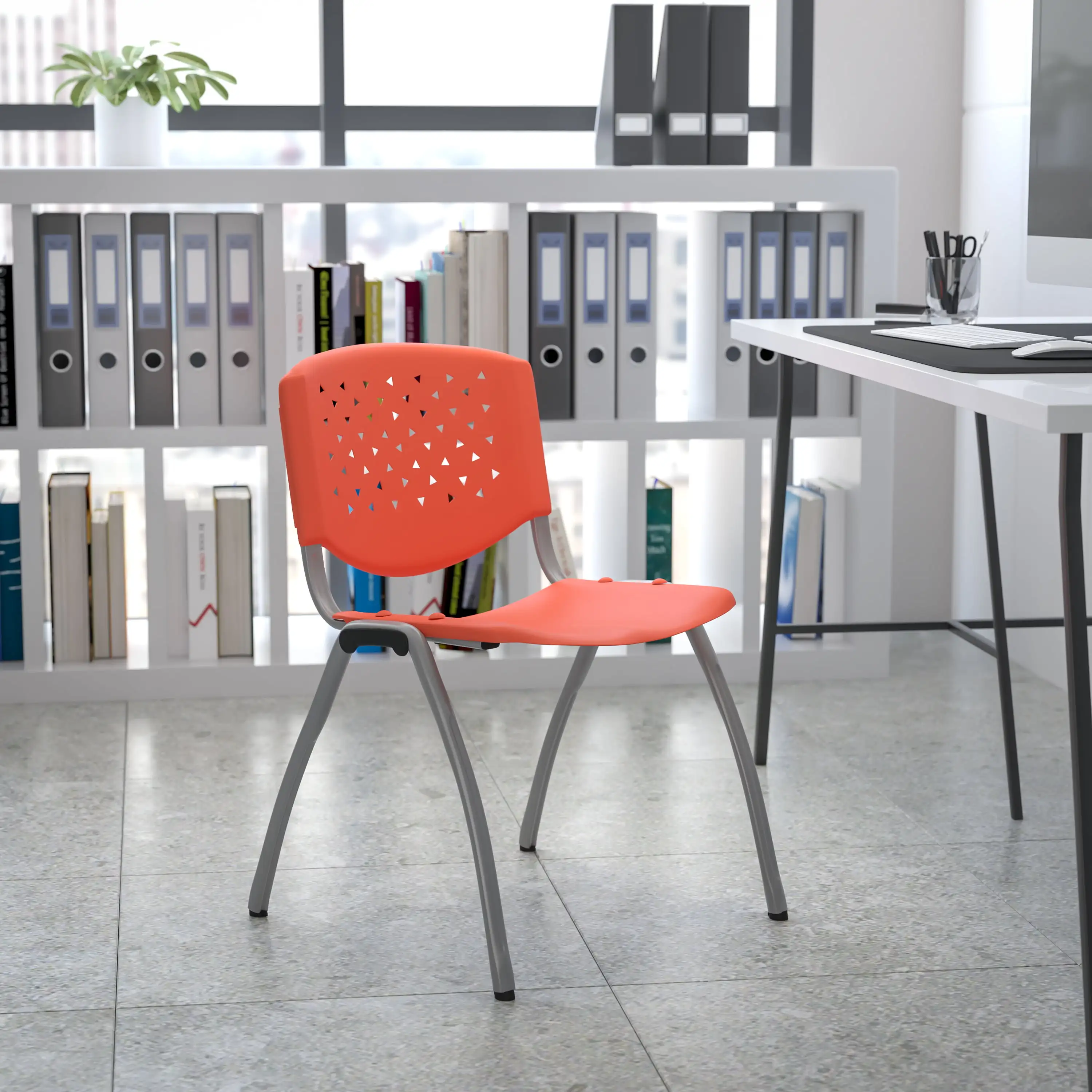 

Flash Furniture HERCULES Series 880 lb. Capacity Orange Plastic Stack Chair with Titanium Gray Powder Coated Frame