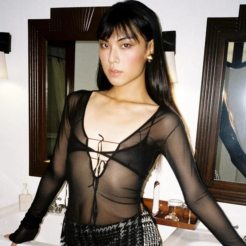 Женская прозрачная Сетчатая футболка Goth Dark черный сетчатый топ с лямкой на шее в