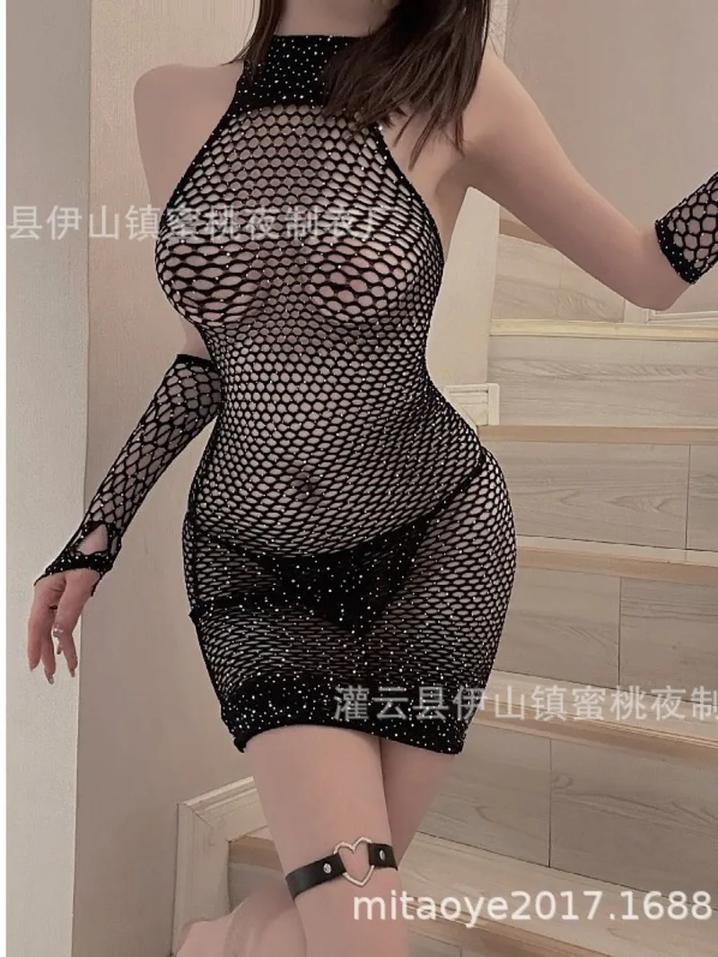 

Sexy Black Hollow Out Diamond Mesh Dress Women Transparent Passionate Mesh Solid Temptation Short Off Shoulder Summer FT8W