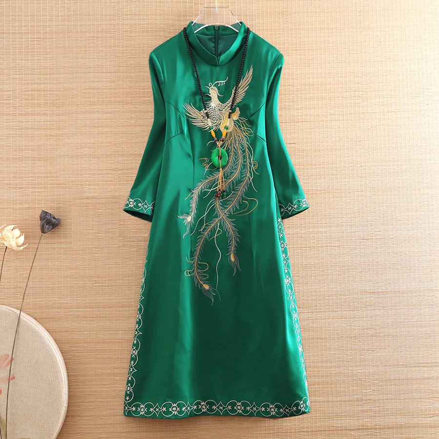 

High-end Spring Summer Women Dress Cheongsam Retro Elegant Embroidery Peacock A-line Lady Party Qipao Dress S-XXL
