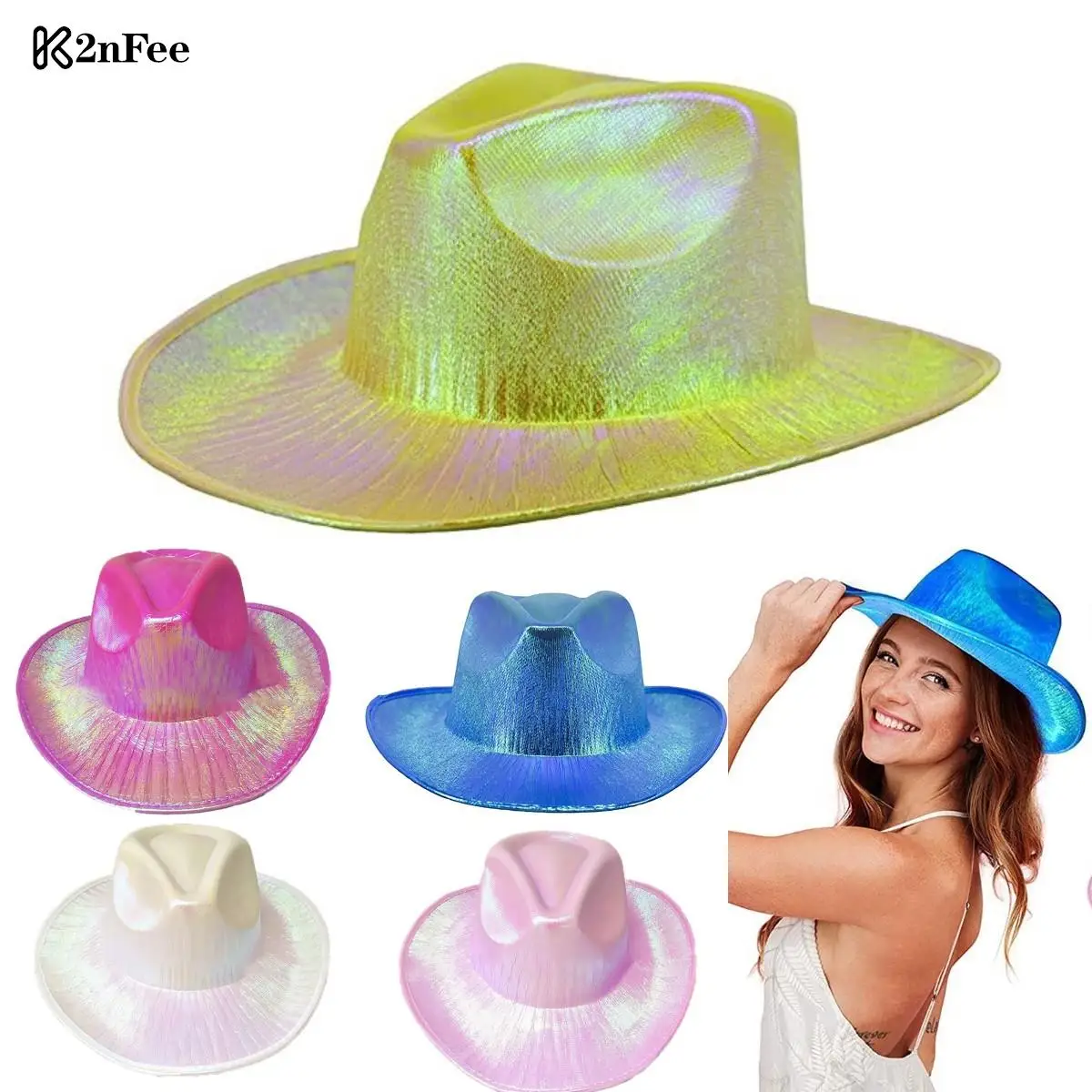 

1PCS Pearlescent Blinking Lights Cowgirl Hat For Holiday Costume Western Cowboy Hat For Party Women Wide Brim Caps