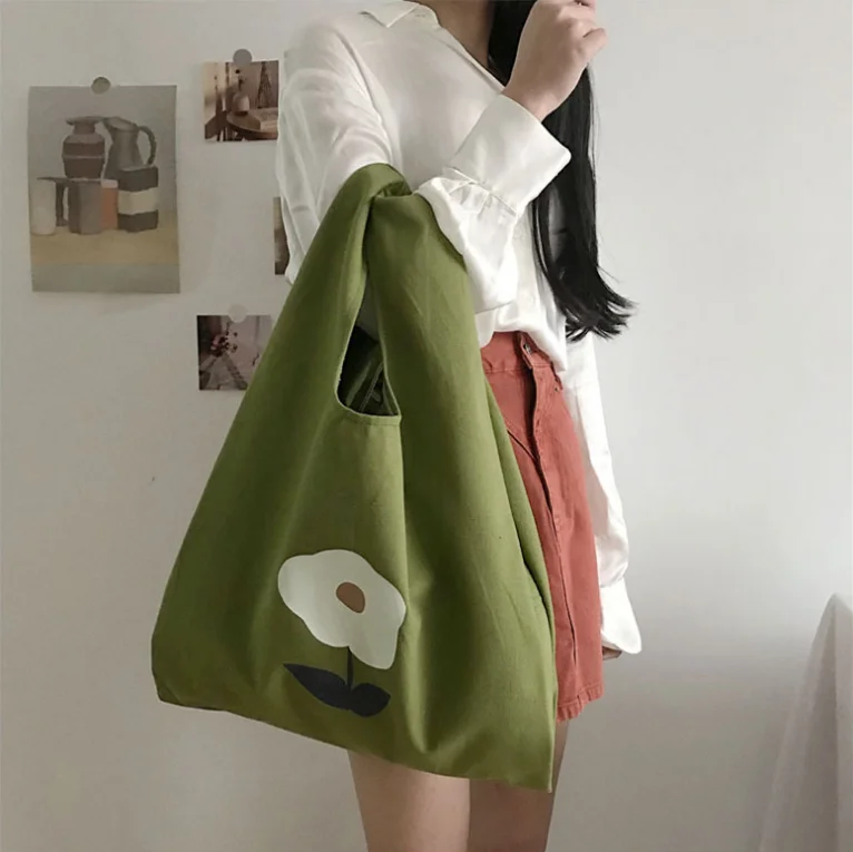 

New Fresh Green Canvas Bag Shoulder Messenger Bag Small Flower Literary Women Bag College Style Eco-friendly Bag