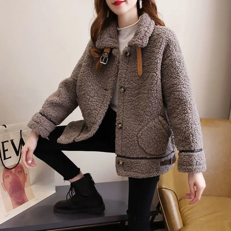 

2023 Autumn/Winter Lamb Fleece Coat Thickened Long Sleeve Spliced Loose Jacket for Women