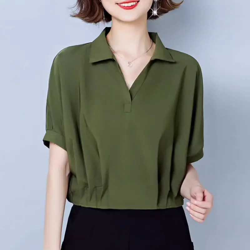 Женская одежда летний Однотонный пуловер Элегантная футболка с отложным - Цена: 1637