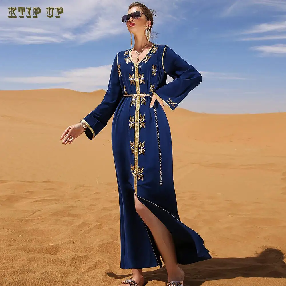 

Марокканское вечернее платье Caftan Стразы для женщин, мусульманское бархатное платье для вечевечерние, Abayas платья на выпускной в арабском ст...