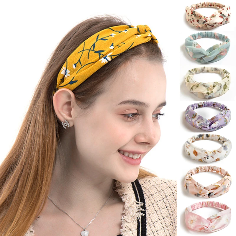 

Fashion Women Daisy Print Headbands Bohemian Girl Cross Turban Bandage Bandanas Soft Chiffon Hairbands Sweet Hair Accessories