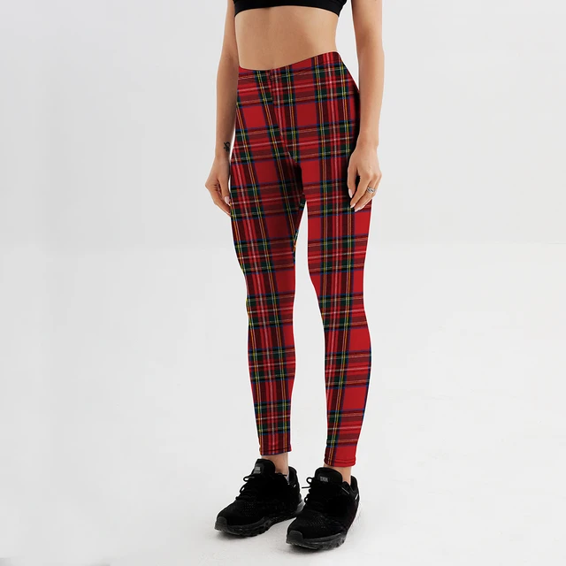 New Arrival Women Slim Designed digital Printed milk vintage Tartan Red Leggings drop shipping