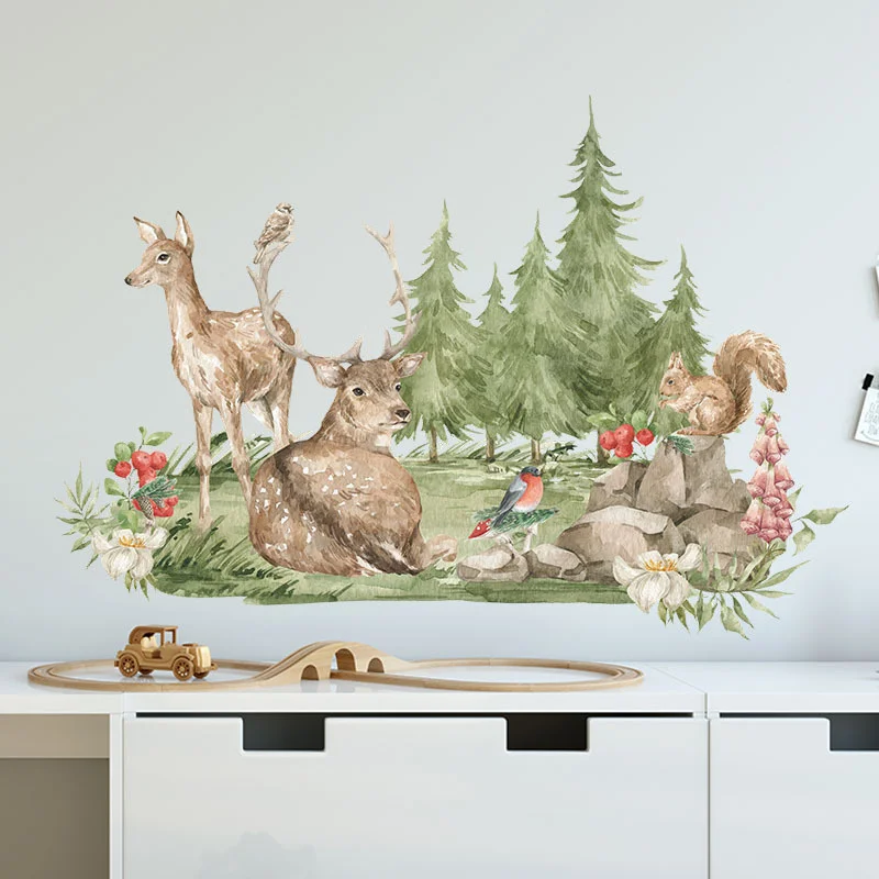 

Fresh Cartoon Color Painting Forest Deer Squirrel Flower Mural Decoration Cheap Wall Stickers Creative New Style Wall Stickers