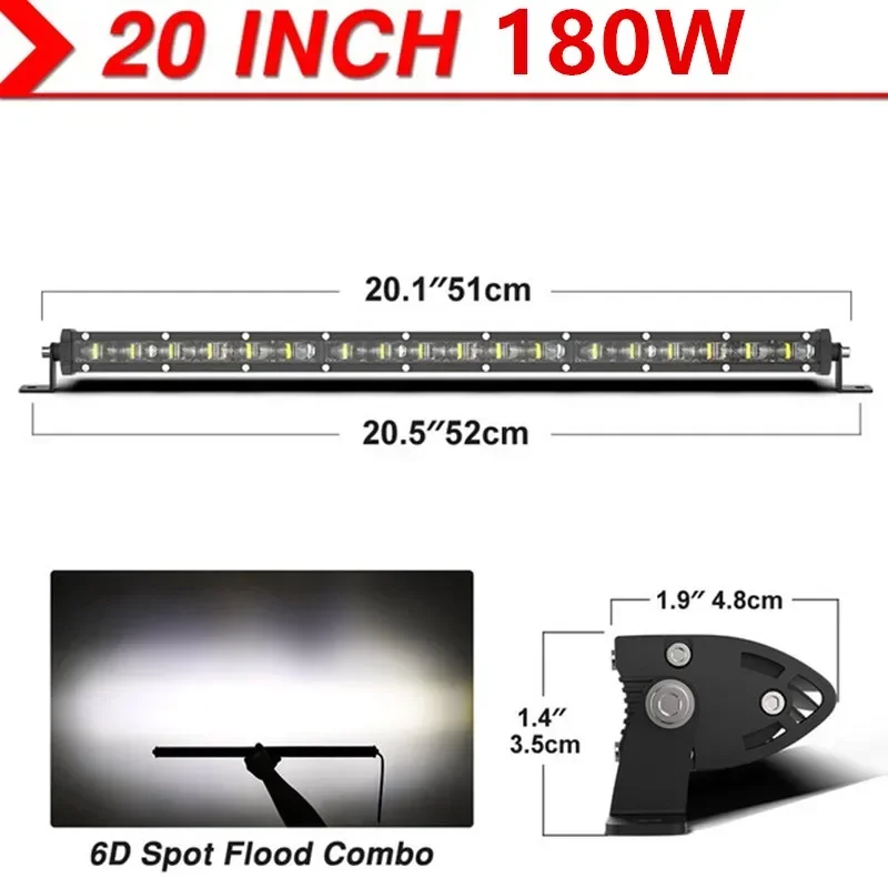 

6D Lens Super Slim Led Light Bar 60W 120W 180W Для автомобиля Трактор Suv Грузовик Лодка 4WD 4x4 Offroad ATV Светодиодные рабочие фонари Дальняя лампа