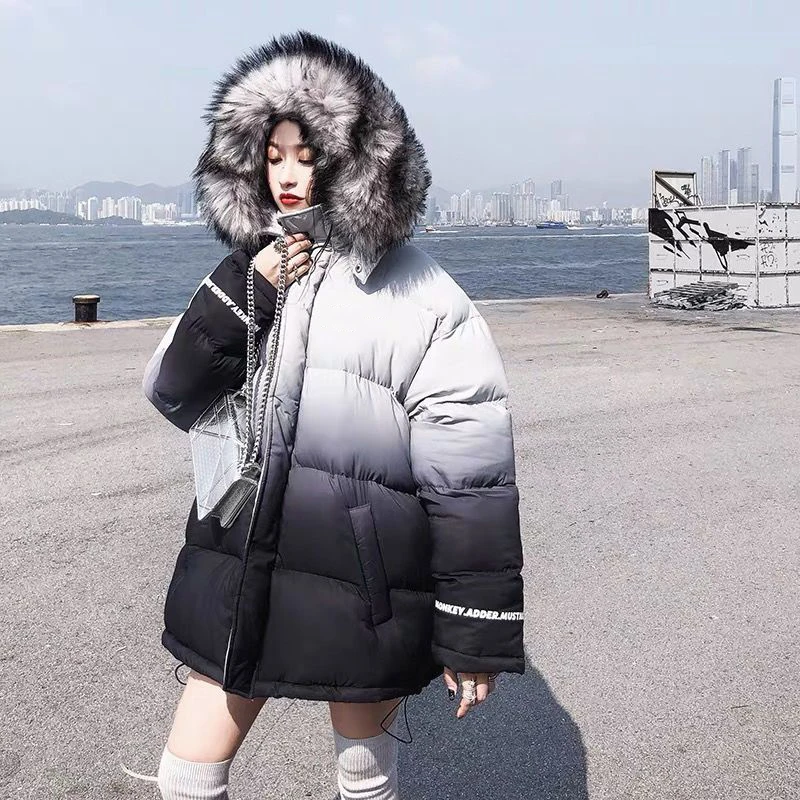

KBAT Gradient Puffer Jacket Boyfriend Style Cotton Padded Coat Big Fur Collar Winter Women Down Parka Oversized Female Overcoat