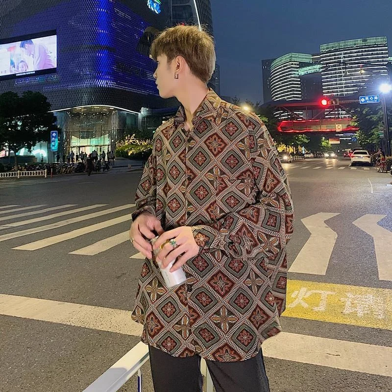 

Shirt Men Floral Blouse Medium Large Loose Couple Thai Flower Korean Cotton Casual Shirt Minority Fried Street Top Ancient Sense