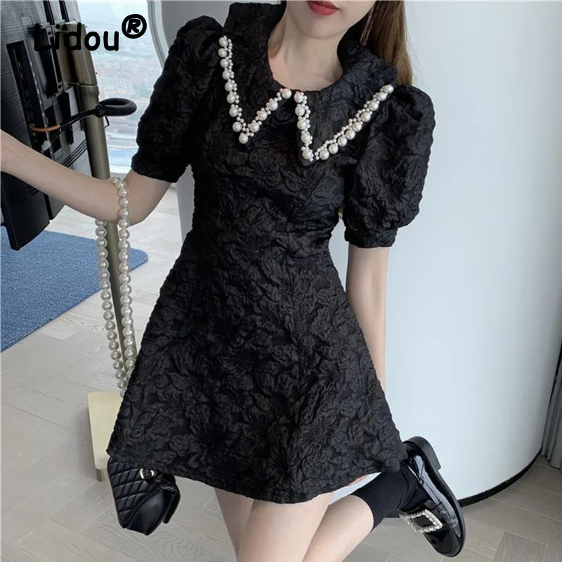 

Spring Summer French Style Pearl Peter Pan Collar Short-sleeved Dress 2022 New Sweet and Spicy Slim Solid Elegant Dress