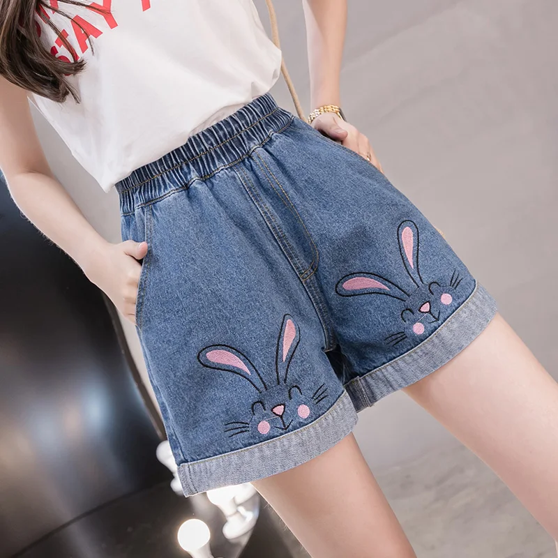 

New 2021 Summer Casual Denim Shorts Female Loose Plus Size Women Kawaii Sweet Cute Rabbit Embroidery Shorts Jeans Elastic Waist