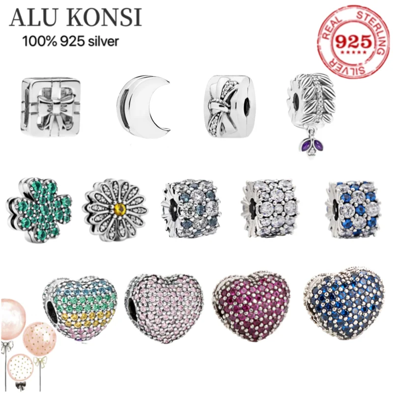 

S925 Silver Reflections Clip Beads Charms Round Crystal Daisy Heart moon clover moon Beads Fit Original Pan Women Bracelet