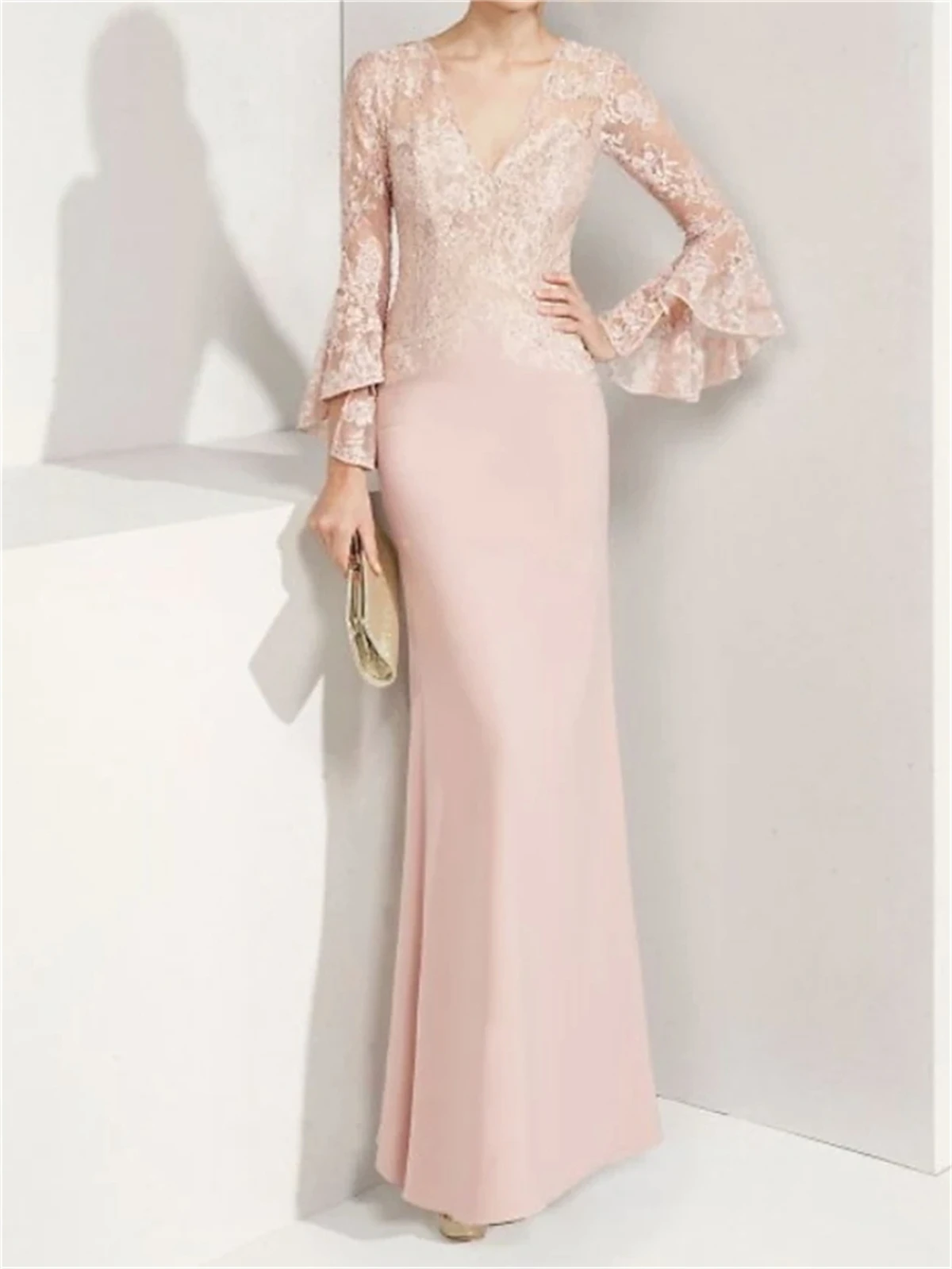 

Women Dresses 3/4 Sleeves Deep V-Neck Pink Lace And Chiffon See Through Full-Length Women Dresses For Party And Wedding