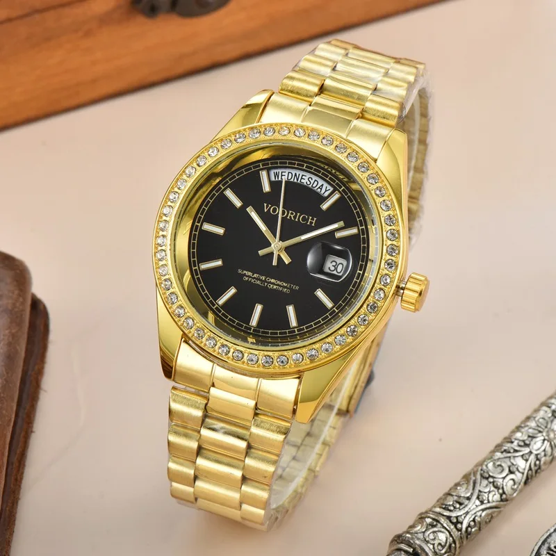 

Luxury Brand VODRICH Gold daydate Women Fashion Diamond Alloy Quartz Watch