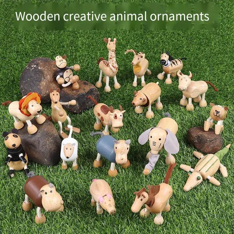 Estatua de Animal de madera, decoración en miniatura, simulación para niños, modelo de Animal salvaje, figuritas, elefante, León, Panda, artesanía, adorno para el hogar